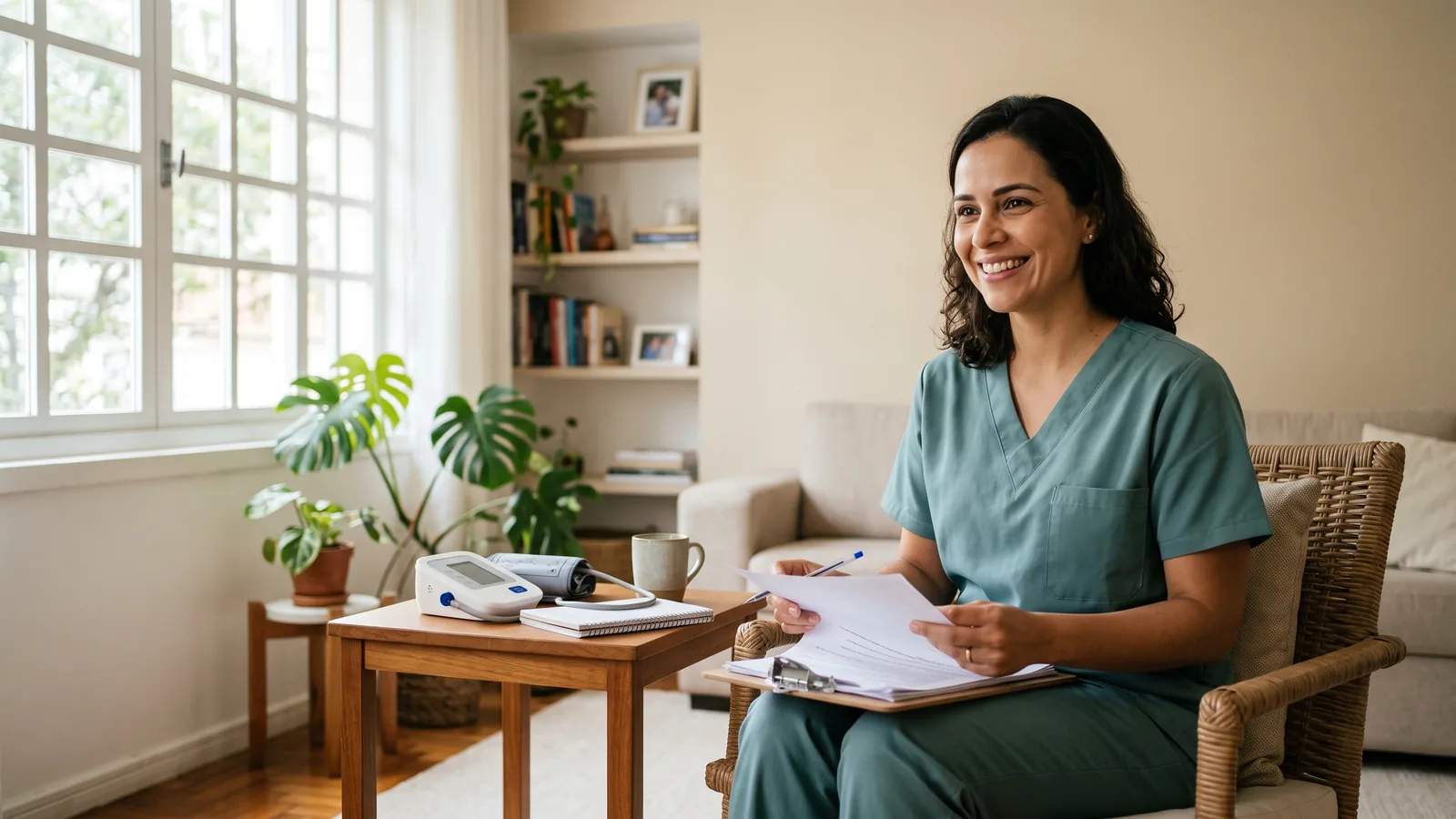 Enfermeira sorrindo enquanto trabalha por conta propria na sala de uma casa, com o material de trabalho na mesa ao lado